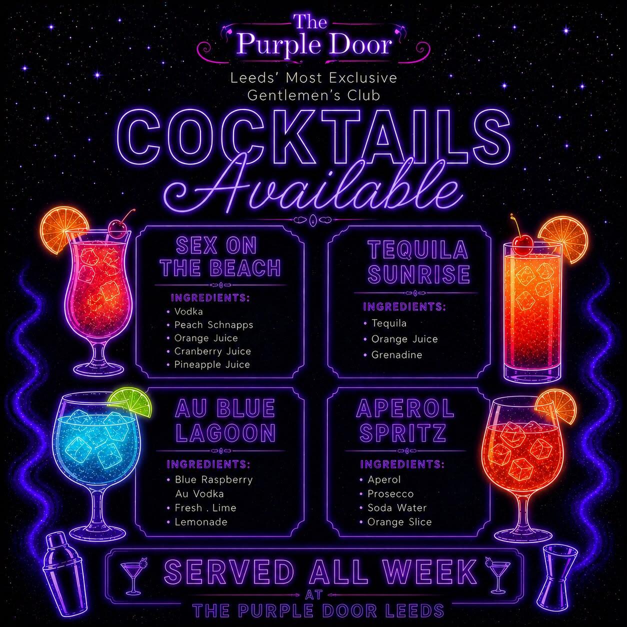 Cocktails at The Purple Door Leeds — Sex on the Beach, Tequila Sunrise, Au Blue Lagoon and Aperol Spritz, served all week